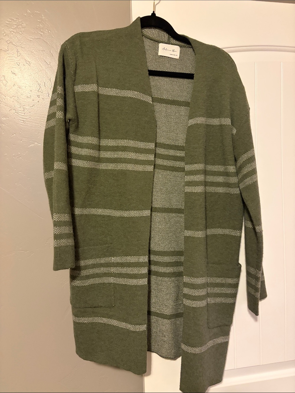 Active USA Olive Green Striped Open-Front Cardigan